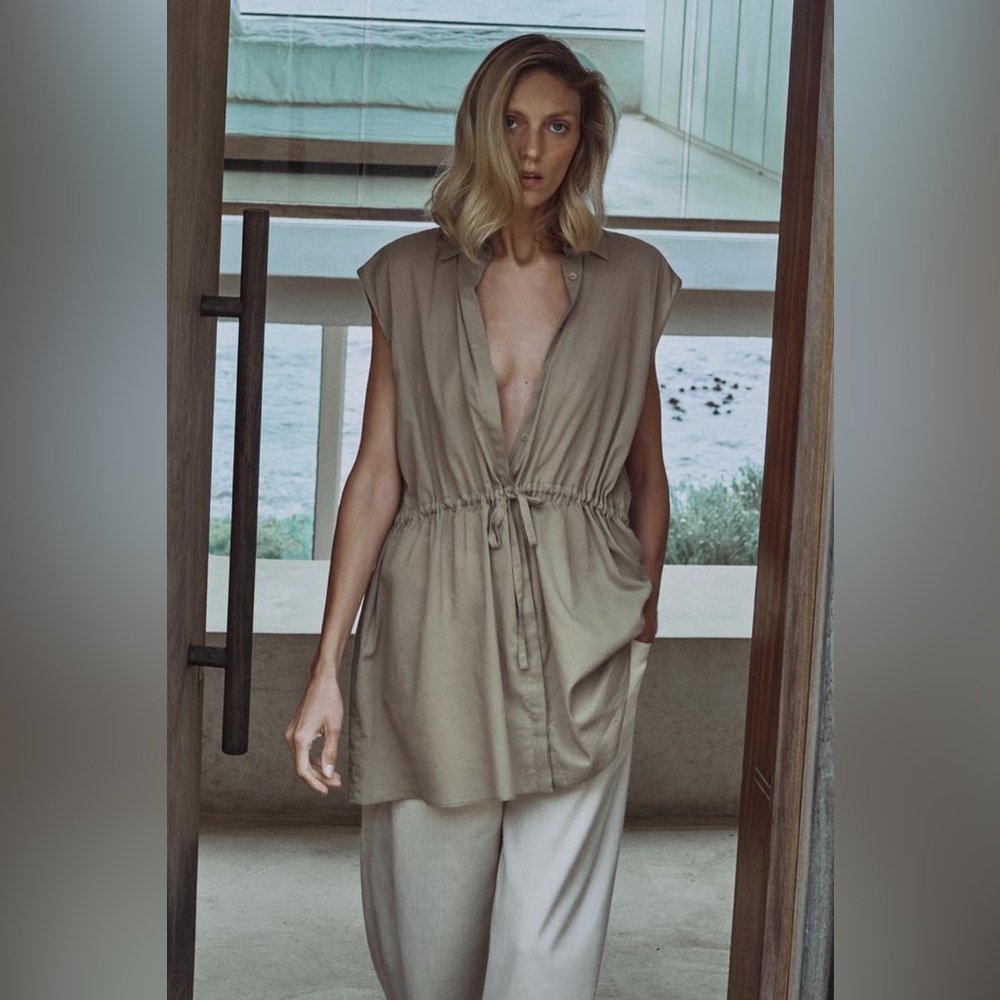 ZARA SLEEVELESS COTTON DRAWSTRING TUNIC SHIRT OVERSIZED SPRING Safari Khaki XS